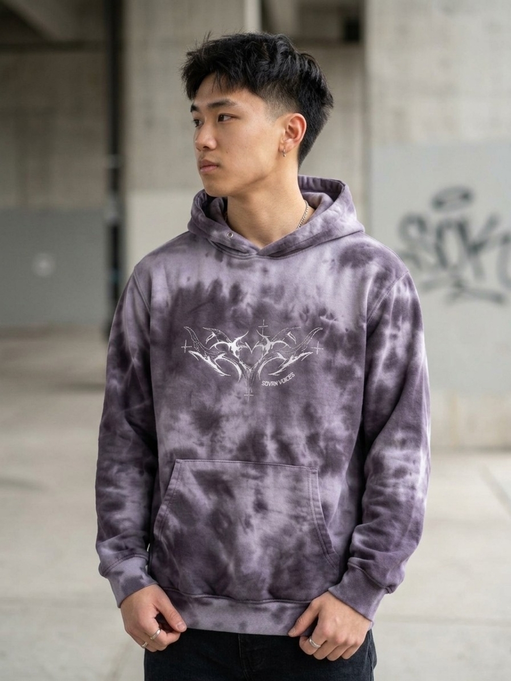 SOVRN VOICES Tie Dye Hoodie M Grey Cyber Y2K Tribal Heart Streetwear Pullover